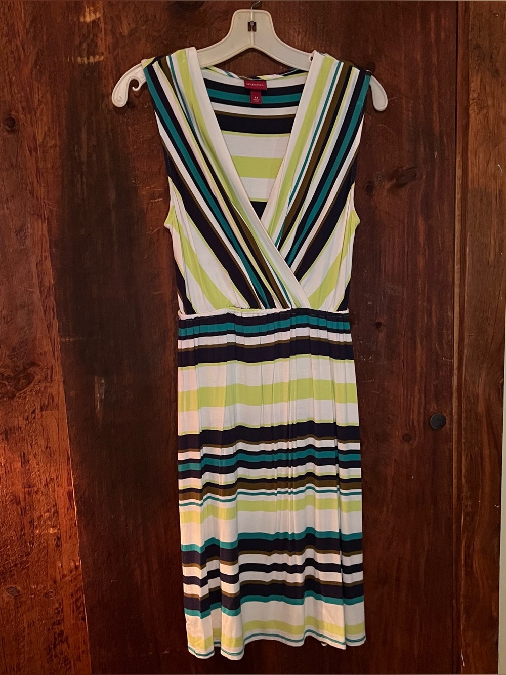 Merona Striped V-Neck Midi Dress in White, Lime & Teal
